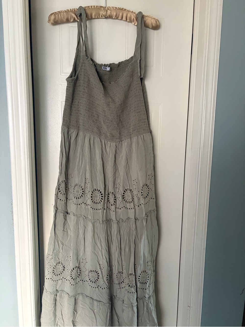 Smocked Eyelet Maxi Dress - Sage Green - Picture 1 of 3